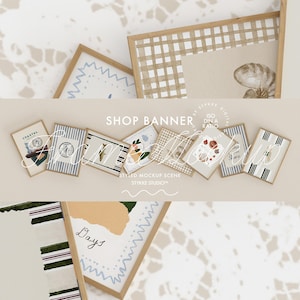 May include: Several framed art prints featuring diverse designs, such as nautical motifs, floral arrangements, and abstract forms. The prints are presented in a styled mockup scene with the text "SHOP BANNER" and "STYLED MOCKUP SCENE".