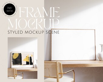 mockup de moldura de paisagem, mockup de interior minimalista, mockup de moldura de madeira, mockup de moldura sobre mesa, mockup de moldura horizontal, mockup do Photoshop