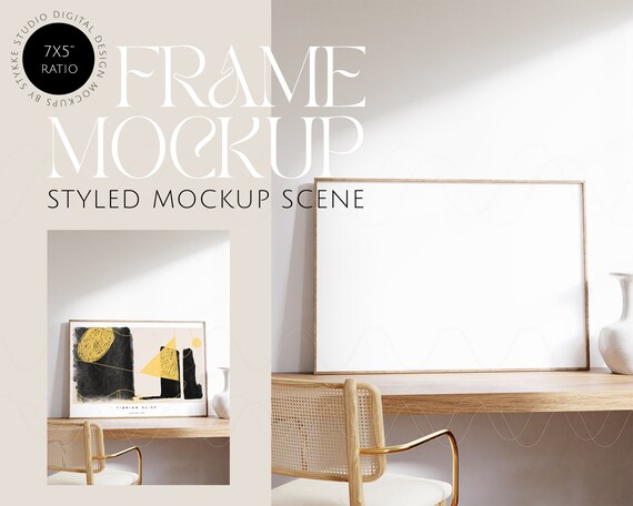 landscape frame mockup, minimalistic interior mockup, wooden frame mockup, frame mockup on table, horizontal frame mockup, Photoshop mockup