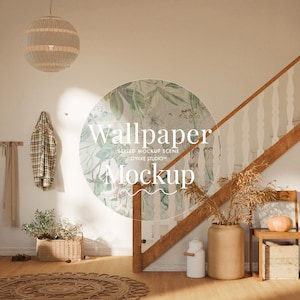 May include: A wallpaper mockup scene with a floral pattern in a light green and white color scheme. The wallpaper is displayed on a wall in a room with a wooden staircase and a wicker basket.