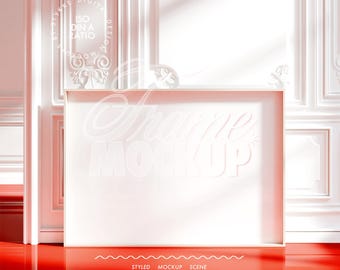 frame mockup horizontal tall DIN A, red floor vintage room mockup, contemporary aesthetic frame mockup for Photoshop