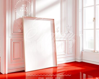 frame mockup vertical tall DIN A, red floor vintage room mockup, contemporary aesthetic frame mockup for Photoshop