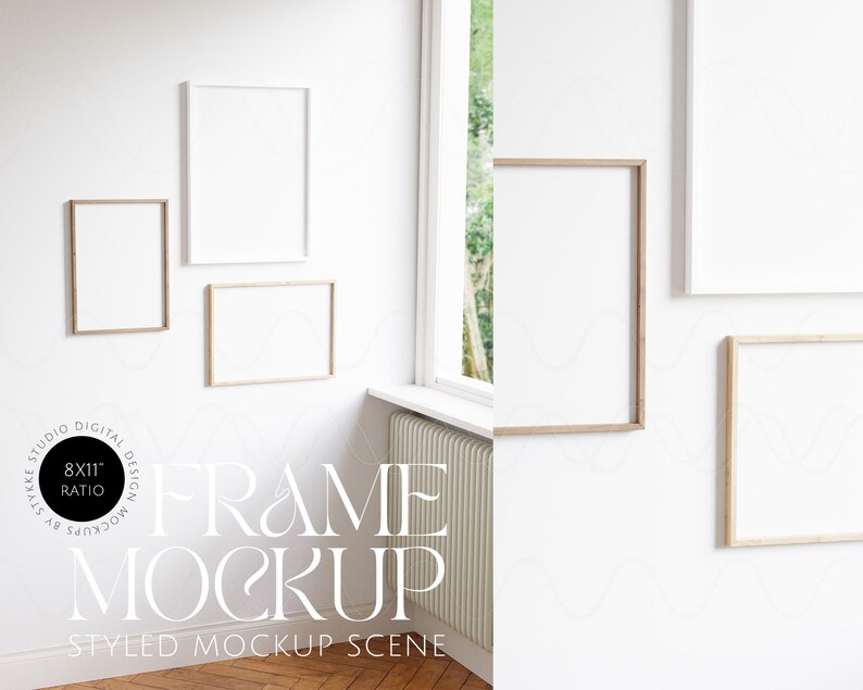 May include: A white wall with four empty picture frames, three with natural wood frames and one with a white frame. The frames are arranged in a corner of the room, with a window and radiator visible in the background. The text "FRAME MOCKUP" is printed below the frames.