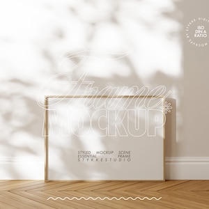 frame mockup DIN horizontal wooden frame mockup for wall art, poster frame mockup shadow overlay sun digital frame mockup Photoshop for POD