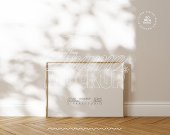 frame mockup DIN horizontal wooden frame mockup for wall art, poster frame mockup shadow overlay sun digital frame mockup Photoshop for POD