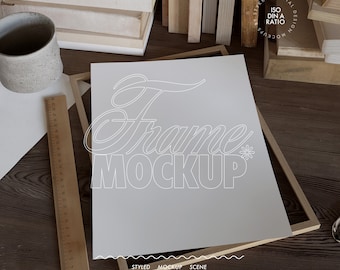 poster mockup DIN A on wooden laying on table, art print mockup, closeup frame mockup digital prints detail view, book lover mockup closeup