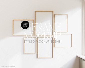 frame mockup bundel, set frame mockups, 8x11 verhouding, minimalistisch, 6 frames, framegalerij mockup, moderne frames, poster mockup licht hout