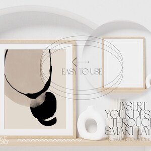 May include: Mockup of two framed prints on a shelf. The print on the left has an abstract design with black and beige shapes. The print on the right is blank. The text "EASY TO USE" and "INSERT YOUR DESIGN THROUGH SMART LAYER" is visible on the image.