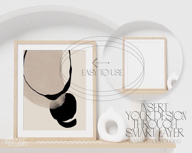 May include: Mockup of two framed prints on a shelf. The print on the left has an abstract design with black and beige shapes. The print on the right is blank. The text "EASY TO USE" and "INSERT YOUR DESIGN THROUGH SMART LAYER" is visible on the image.