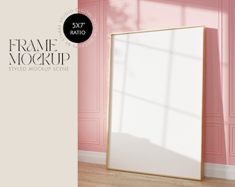 frame mockup, vertical poster frame mockup, 5x7 ratio mockup, 10x14 frame on vintage pink wall, princess villa, classic wall canva