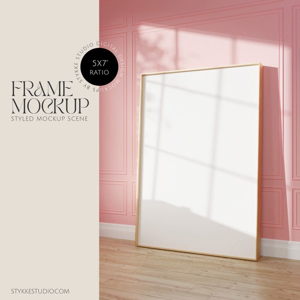 frame mockup, vertical poster frame mockup, 5x7 ratio mockup, 10x14 frame on vintage pink wall, princess villa, classic wall canva