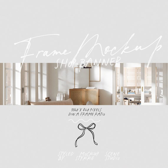 Etsy shop banner for art print shops with frame mockups, title image for POD poster store designs, 3360x840 px preview image for Photoshop