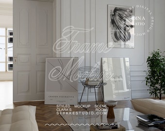 frame mockup trio, digital poster mockup in modern interior apartment, art print mockup with glass reflection for Photoshop design
