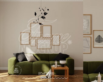 gallery wall with 6 frame mockup in minimalist interior, mockup for ISO DIN poster, modern interior mockup, wooden green interior mockup