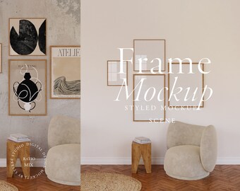 May include: A styled mockup scene featuring a beige armchair, a wooden stool with books, and a beige rug. The wall is decorated with four framed prints, including one with the text "Frame Mockup" and the words "Styled Mockup Scene".