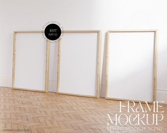 three frames, 8x11 frame mockup, set of three, wooden frames mockup, digital frame, set of vertical frames, 3 frame mock up, sideview frame