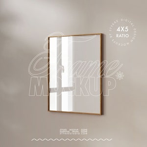 frame mockup 4x5 light wood frame side view reflection art minimalistic vertical digital poster print presentation customizable in Photoshop