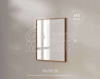Maqueta de marco de madera clara de 4x5, vista lateral, reflejo artístico, póster digital vertical minimalista, impresión, presentación, personalizable en Photoshop.
