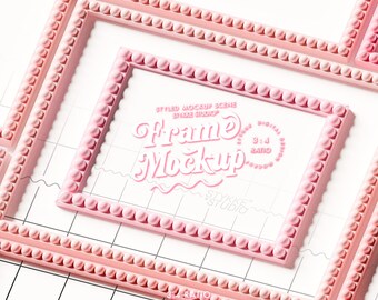 pink bobbin frame poster mockup, bold 3:4 frame small gallery mockup, horizontal vertical mix frames, smart mockup in pastel pink tones