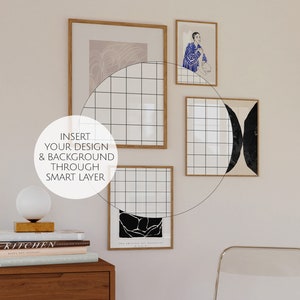 May include: A wall gallery featuring four framed prints with a grid pattern and a black and white abstract design. The prints are arranged in a staggered pattern on a light beige wall. The text "INSERT YOUR DESIGN & BACKGROUND THROUGH SMART LAYER" is visible in the image.