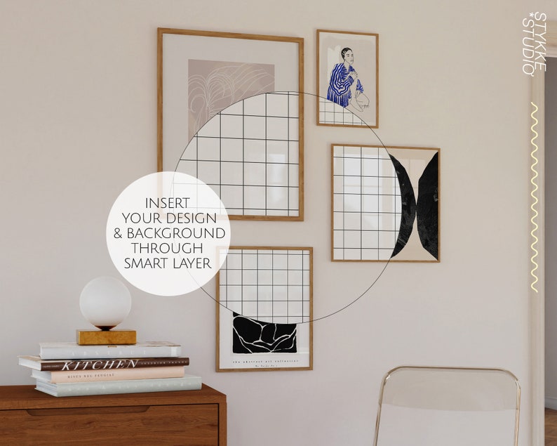 May include: A wall gallery featuring four framed prints with a grid pattern and a black and white abstract design. The prints are arranged in a staggered pattern on a light beige wall. The text "INSERT YOUR DESIGN & BACKGROUND THROUGH SMART LAYER" is visible in the image.