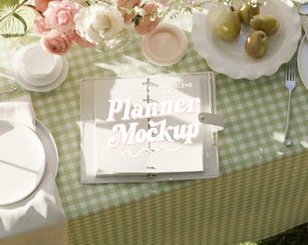 open planner mockup 2 pages, mockup ring planner printable layout templates, summer countryside digital inserts empty journal mockup gingham