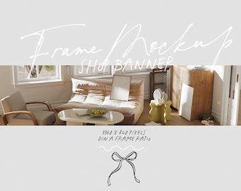 Banner de tienda Etsy para tiendas de impresiones artísticas con maquetas de marcos, imagen de título para diseños de tiendas de carteles POD, imagen de vista previa de 3360 x 840 px para Photoshop