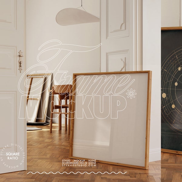 square frame mockup in minimalist interior scene , digital frame mockup for prints, painter atelier canvas and wooden frame mockup