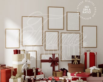 frame mockup DIN A, gallery wall frame mockup Christmas Day mockup, pink red gift box mockup party art digital picture frame mockup wall