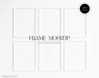 May include: A mockup of four white picture frames on a white wall. The frames are arranged in a grid pattern. The text "FRAME MOCKUP" is centred below the frames. The text "STYLED MOCKUP SCENE" is centred below the text "FRAME MOCKUP".