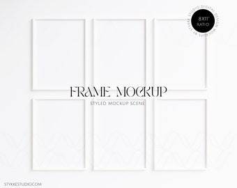 8x11 six frame mockup bundle, set of six frame mockups, minimalistic white frames, frame gallery mockup, poster mockup light wood