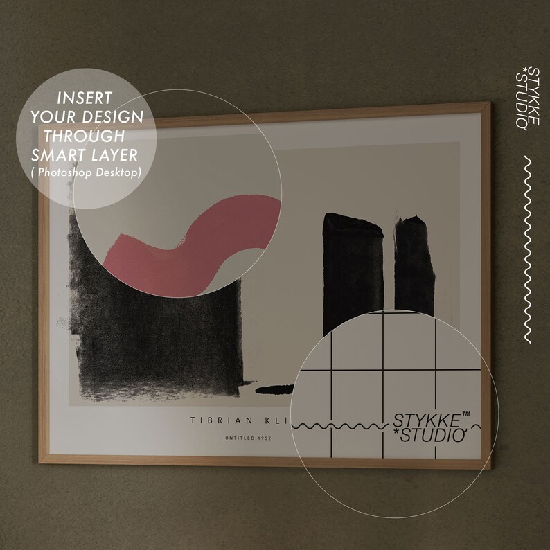 May include: A framed abstract art print featuring black and pink brushstrokes on a beige background. The print is titled "Untitled 1953" and is by the artist Tibrian Kli. The print is from Stykke Studio.