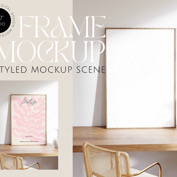 digital frame mockup, minimalistic interior mockup, white gold interior, wooden frame mockup, print mockup, poster mockup, Photoshop mockup
