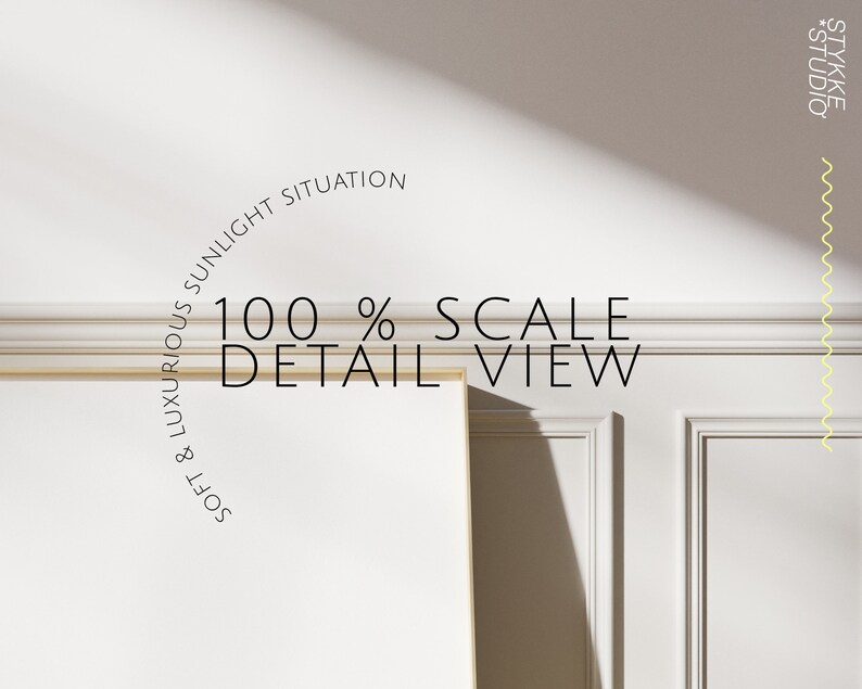 May include: A white wall with a gold trim and a shadow from a window. The text "Soft & Luxurious Sunlight Situation 100% Scale Detail View" is written in a circle around the shadow.