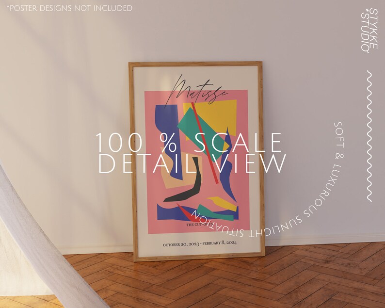 Puede incluir: Un p&oacute;ster enmarcado con un dise&ntilde;o abstracto colorido en rosa, amarillo, azul y verde. El p&oacute;ster tiene el texto "Matisse" y "The Cut-Outs" en negro. El p&oacute;ster se titula "100% Scale Detail View" y tiene las fechas "October 20, 2023 - February 8, 2024".