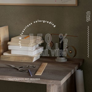 May include: A wooden desk with a stack of books, a pencil, a ruler, a pair of scissors, and a decorative metal sculpture. The text "soft & luxurious colorgrading 150% SCALE DETAIL VIEW" is superimposed on the image. The text "ILLUSTRATIONS NOT INCLUDED" is on the desk. The text "*STUDIO STYKKE" is on the wall.
