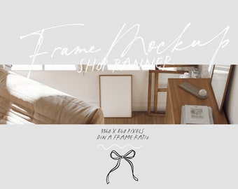 Banner de tienda Etsy para tiendas de impresiones artísticas con maquetas de marcos, imagen de título para diseños de tiendas de carteles POD, imagen de vista previa de 3360 x 840 px para Photoshop