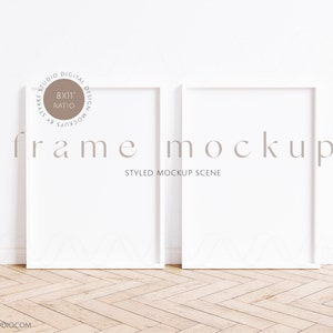 May include: Two white picture frames with a wood floor and white wall background. The frames are 8x11 inches and are styled for a mockup scene.