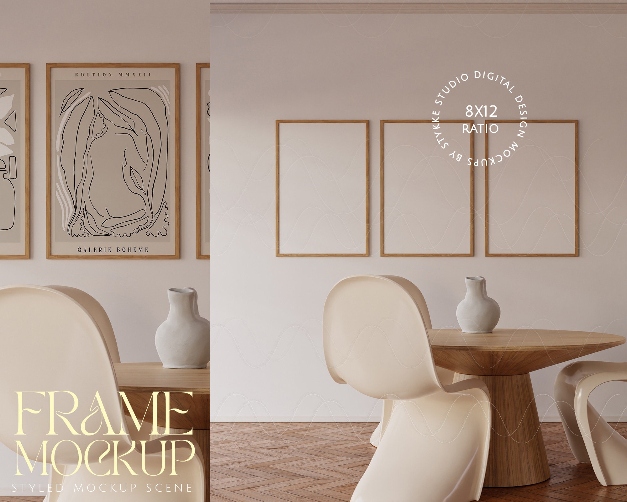 Three Frames, 8x12 Frame Mockup, Set of Three, Wooden Frames