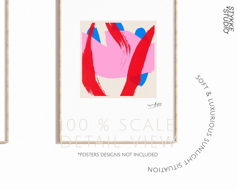 May include: Abstract art print featuring a vibrant composition of red, pink, and blue brushstrokes on a cream background. The print is framed in a light wood frame. Text on the print reads "100% SCALE DETAIL VIEW" and "*POSTERS DESIGNS NOT INCLUDED".