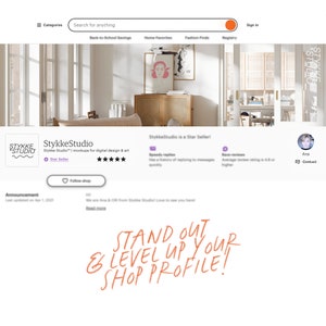 Puede incluir: P&aacute;gina de perfil de la tienda Etsy para StykkeStudio, un vendedor estrella. La p&aacute;gina presenta un logotipo, el nombre de la tienda y una llamada a la acci&oacute;n para seguir la tienda. La secci&oacute;n de anuncios es visible. La imagen tambi&eacute;n incluye el texto "STAND OUT & LEVEL UP YOUR SHOP PROFILE!"