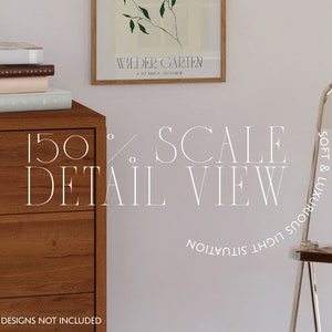 May include: A close-up of a wooden dresser with three drawers. The dresser is made of a rich, dark wood with a natural grain. The drawers have silver handles. The dresser is in a room with a white wall and a clear plastic chair. The text "150% SCALE DETAIL VIEW" is written in white on the dresser. The text "*POSTER DESIGNS NOT INCLUDED" is written in white at the bottom of the dresser.