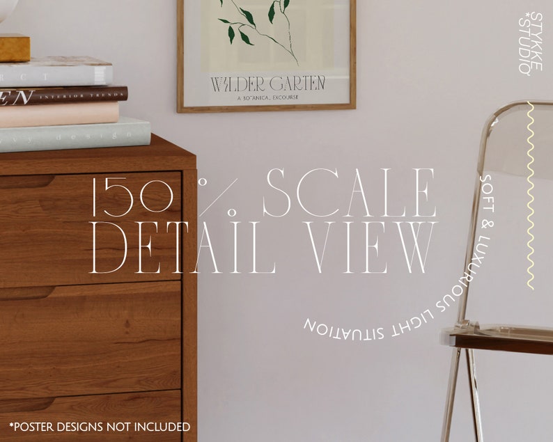 May include: A close-up of a wooden dresser with three drawers. The dresser is made of a rich, dark wood with a natural grain. The drawers have silver handles. The dresser is in a room with a white wall and a clear plastic chair. The text "150% SCALE DETAIL VIEW" is written in white on the dresser. The text "*POSTER DESIGNS NOT INCLUDED" is written in white at the bottom of the dresser.