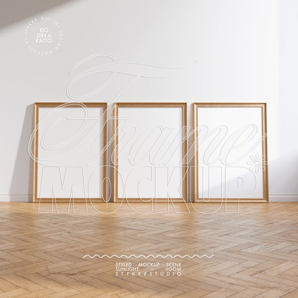 frame mockup gold wood DIN A4 vertical trio, passe-partout mockup frame vintage, small three frame mockup digital 5:7 poster slip mount