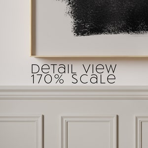 May include: A close-up detail view of a black and white abstract painting in a wooden frame. The text "DETAIL VIEW 170% SCALE" is below the frame.