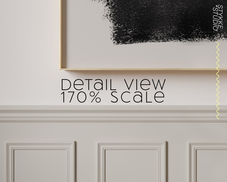 May include: A close-up detail view of a black and white abstract painting in a wooden frame. The text "DETAIL VIEW 170% SCALE" is below the frame.