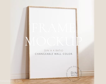 frame mockup light wood DIN A 4, frame wallpaper mockup, frame on wooden floor mockup, vertical frame mockup, scandinavian frame mockup