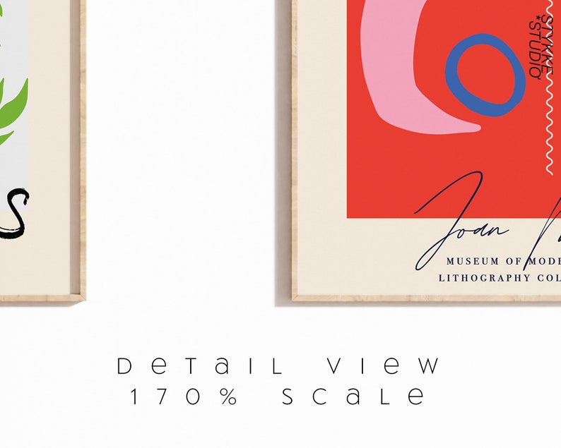 May include: Two framed art prints. One features green leaves and black script on a cream background. The other has a red background with pink and blue abstract shapes. The text "Joan" and "Museum of Modern Lithography Collection" is visible.