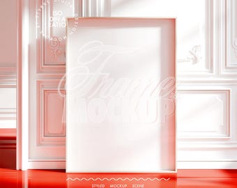 frame mockup vertical tall DIN A, red floor vintage room mockup, contemporary aesthetic frame mockup for Photoshop