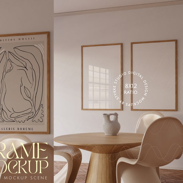 Two frames mockup, set of two wooden frames mockup, digital frame, 2 vertical frame mock up, frame duo mockup, scandinavian interior mockup